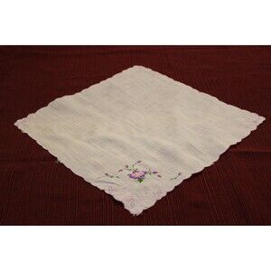 Vintage Violet Linen Handkerchief, Retro Hankie, Scalloped Edges & Scroll Detail